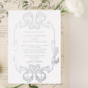 Ornate Silber Blumenlinie Kunst Monogramm Hochzeit Folieneinladung