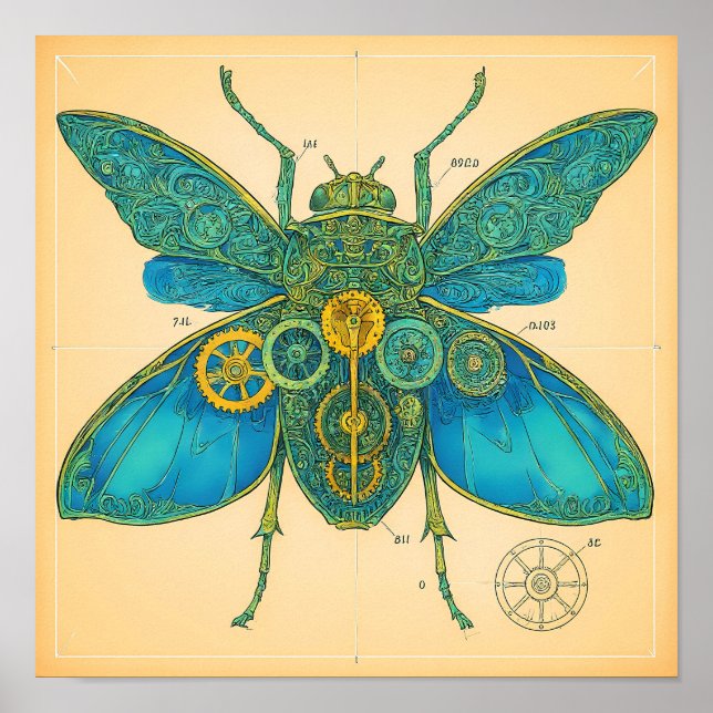 Ornate Technical Diagram: Steampunk Insect Poster (Vorne)