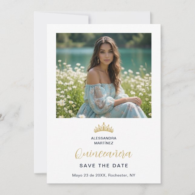 Ornate Tiara Minimalist Quinceañera Photo Design Save The Date (Vorderseite)