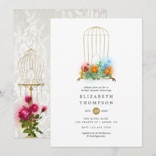 Ornate Vintage-Vogelkäfig-Spitze-Blumen-Hochzeitsd Einladung