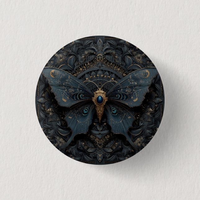 Ornater dunkelblauer Schmetterling mit Goldfiligra Button (Vorderseite)