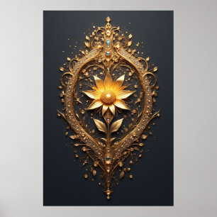 Ornater Goldrahmen mit großer metallischer Blumenm Poster