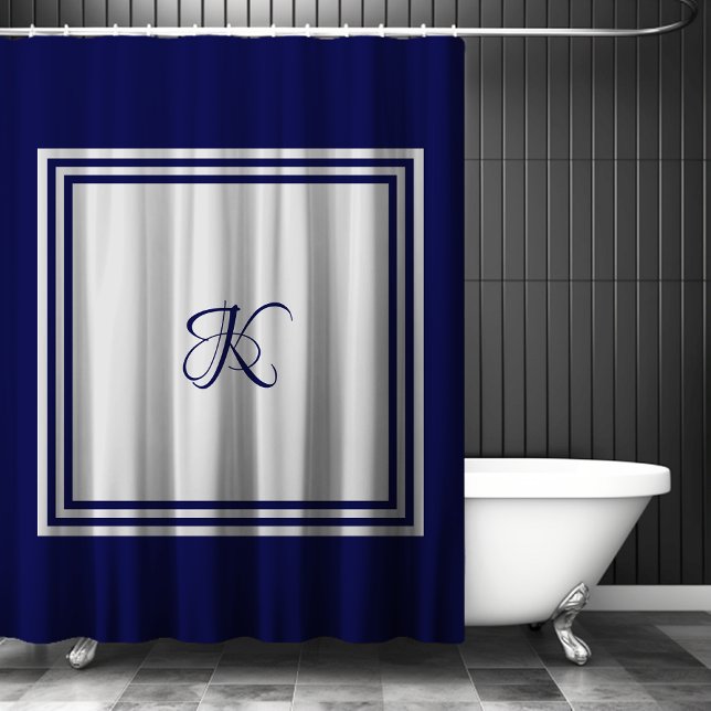 Ornates blau-graues quadratisches Initial-Monogram Duschvorhang (Von Creator hochgeladen)