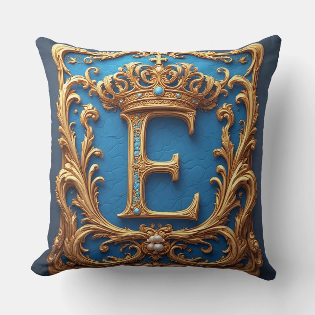 Ornates blaues Buchstaben E Kissen (Vorderseite)