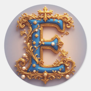Ornates blaues Buchstaben E Runder Aufkleber