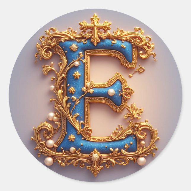 Ornates blaues Buchstaben E Runder Aufkleber (Vorderseite)