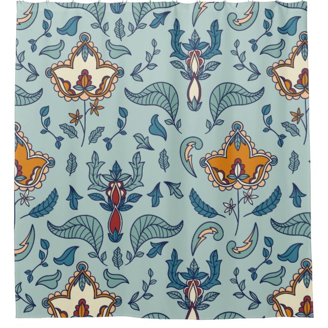Ornates Blumenmuster auf einem hellblauen Hintergr Duschvorhang (Vorderseite)