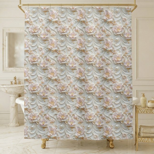 Ornates Blumenmuster  Duschvorhang (elegant luxury pearl white pale pink floral shower curtain)