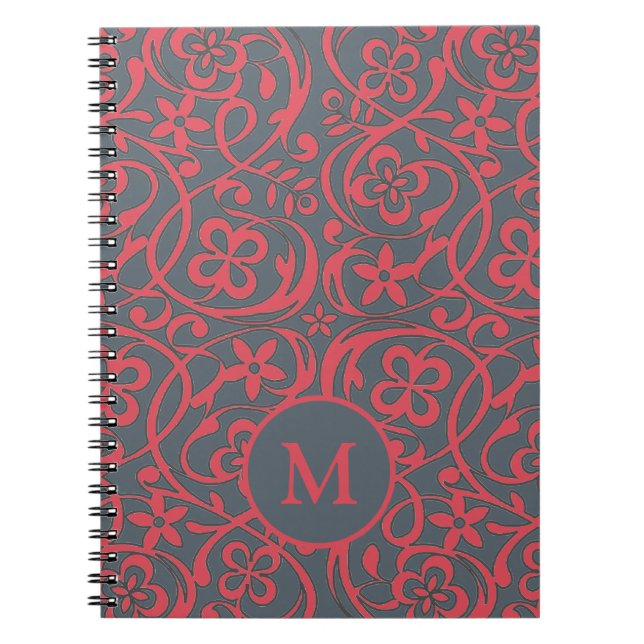 Ornates Blumenmuster in rosa und grauem Monogramm Notizblock (Vorderseite)