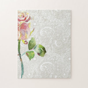 Ornates Blumenmuster mit rosa Wasserfarbenrose Puzzle