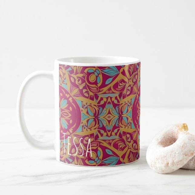 Ornates böhmisches Mandala-Fliesenmuster Kaffeetasse (Mit Donut)