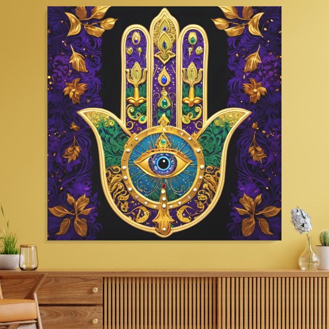 Ornates goldenes drittes Auge Hamsa Leinwanddruck (Insitu (Wohnzimmer))