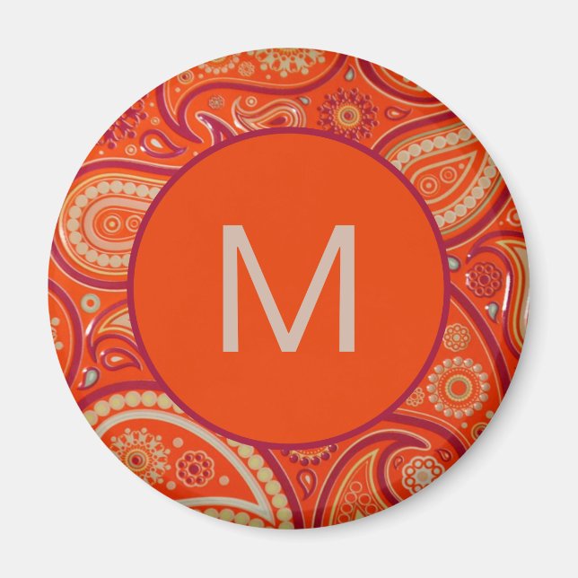 Ornates orangefarbenes Paisley-Muster-Monogramm Magnet (Vorne)