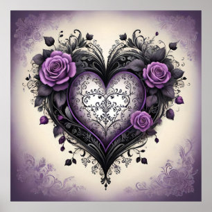 Ornates Schwarz-Violett-Herz 💜 Gothic Vintage-Sti Poster