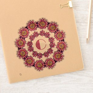 Orniertes C Monogramm mit Niedlichen Boho-Blume Hü Aufkleber