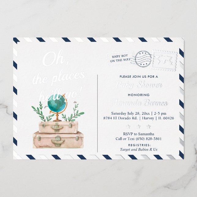 Orte, an denen er reisen Baby Boy Navy Blue Silver Folieneinladung (Vorderseite)