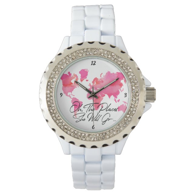 Orte, an denen sie rosa Wasserfarbenweltkarte ziti Armbanduhr (Vorderseite)