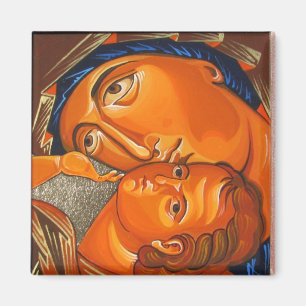 Orthodoxe Icon-Jungfrau mit Kindermagazin spielen Magnet