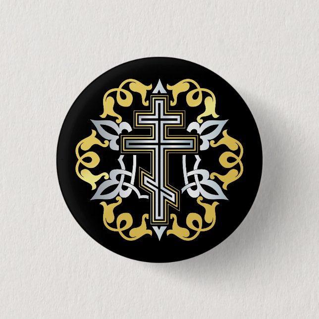Orthodoxes Cross Gold mit Ornamenten Button (Vorderseite)
