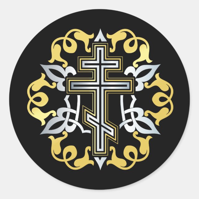 Orthodoxes Cross Gold mit Ornamenten Runder Aufkleber (Vorderseite)