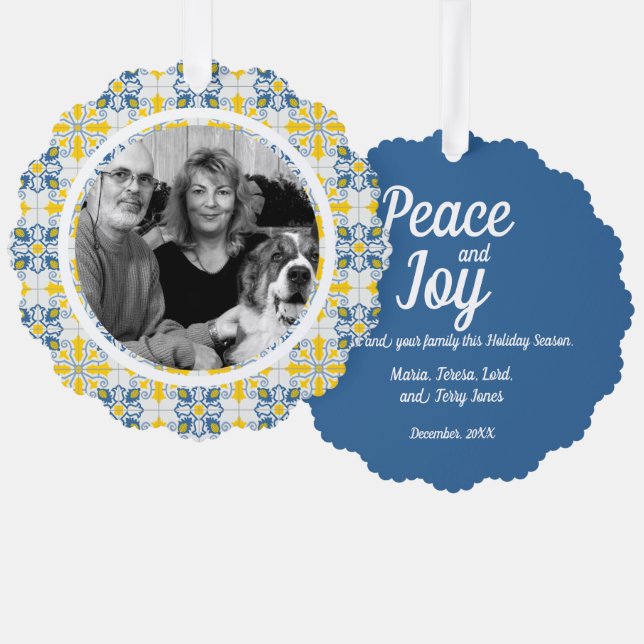 ortuguese Tiles Foto Rahmen für Familienweihnachts Ornament Karte (Vorderseite/Rückseite)