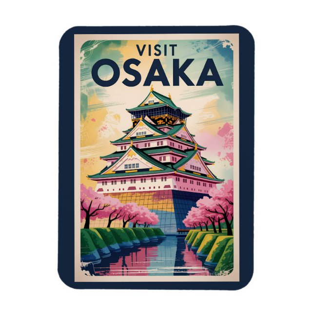 Osaka Japan Castle Illustration Travel Art Vintage Magnet (Vertikal)