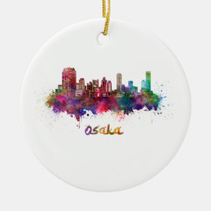Osaka Skyline in Aquarellfarbe Keramikornament