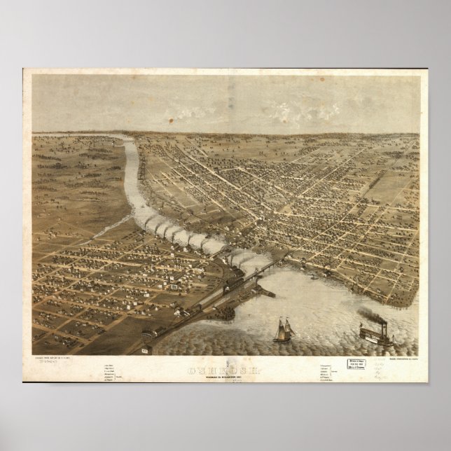 Oshkosh WI 1867 Antique Panoramabalkarte Poster (Vorne)