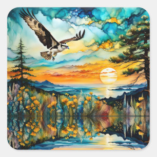 Osprey im Flug über Wildblumen bei Sonnenuntergang Quadratischer Aufkleber