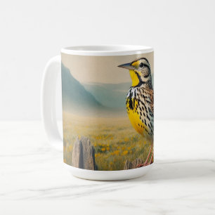 Ost-Meadowlark auf einem rustikalen Zaun Kaffeetasse