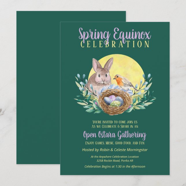 Ostara Spring Equinox Bunny & Bird Nest Green Einladung (Vorne/Hinten)