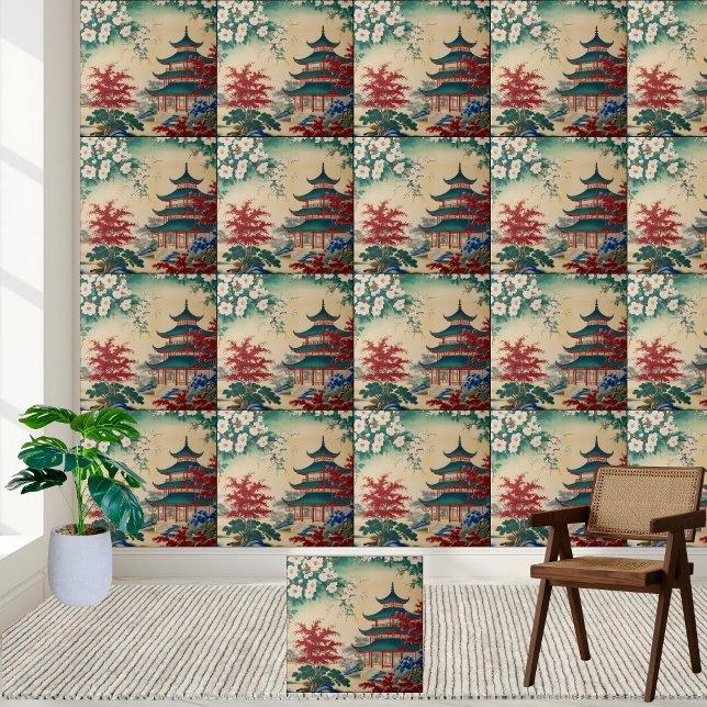 Ostasiatische Inspiriert Pagoda Garden Chinoiserie Fliese (East Asian Inspired Pagoda Garden Chinoiserie Tile)