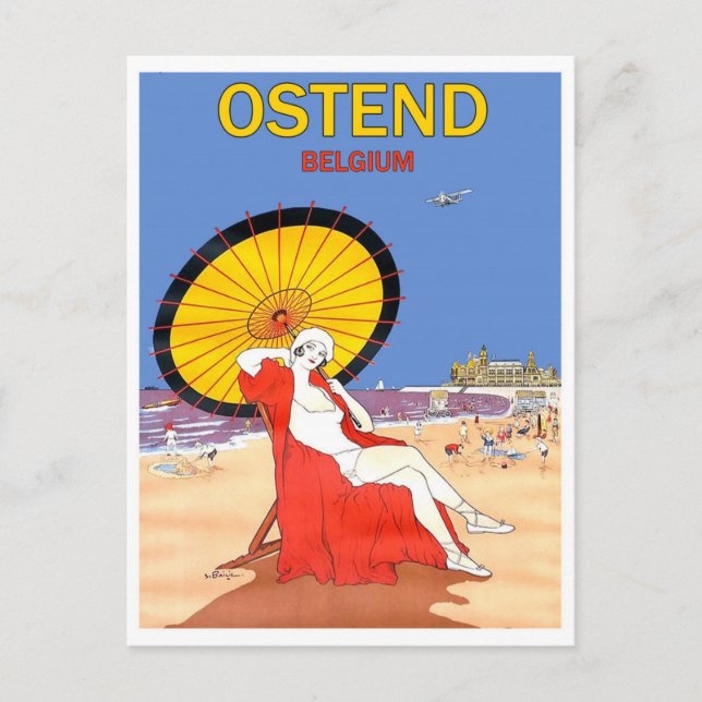 Ostende, Belgien, Frau am Strand mit Sonnenschirm Postkarte (Vorderseite)