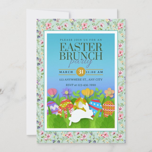 Oster-Brunch-Party – Bunter Hase & Eier Einladung (Vorderseite)