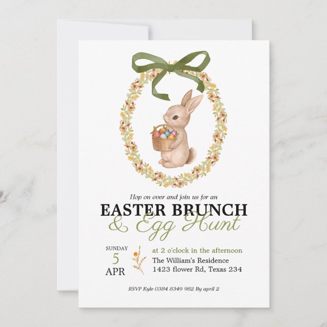 Oster-Brunch und Ostereier-Suche-Hase-Blumen-Einla Einladung (Vorderseite)