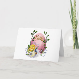 Oster-Ei, Baby-Küken und Frühlingsblumen  Karte