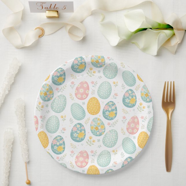 Oster-Eier im Pastellton mit Blumenmuster - Süßer  Pappteller (Hochzeit)