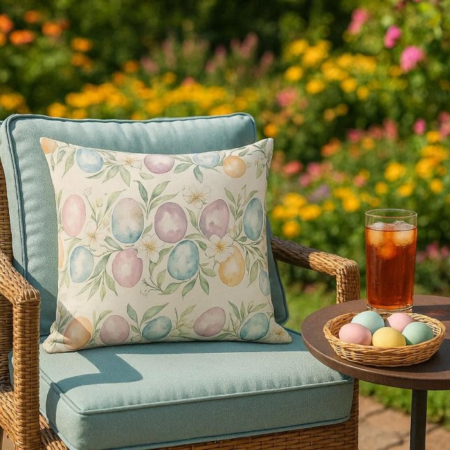 Oster-Eier in Pastell und Grünpflanzen Kissen (Create cozy outdoor living spaces with throw pillows.  This pillow is perfect for Easter )