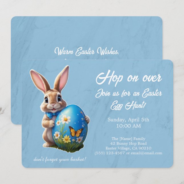Oster-Eier-Suche-Brunch Hop auf Über-Hase blau - Einladung (Vorne/Hinten)