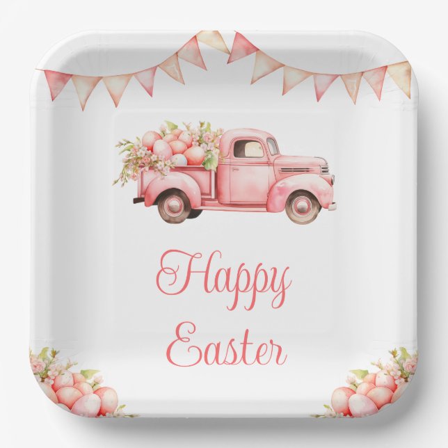 Oster-Eier-Suche mit rosa Lastwagen Pappteller (Vorderseite)