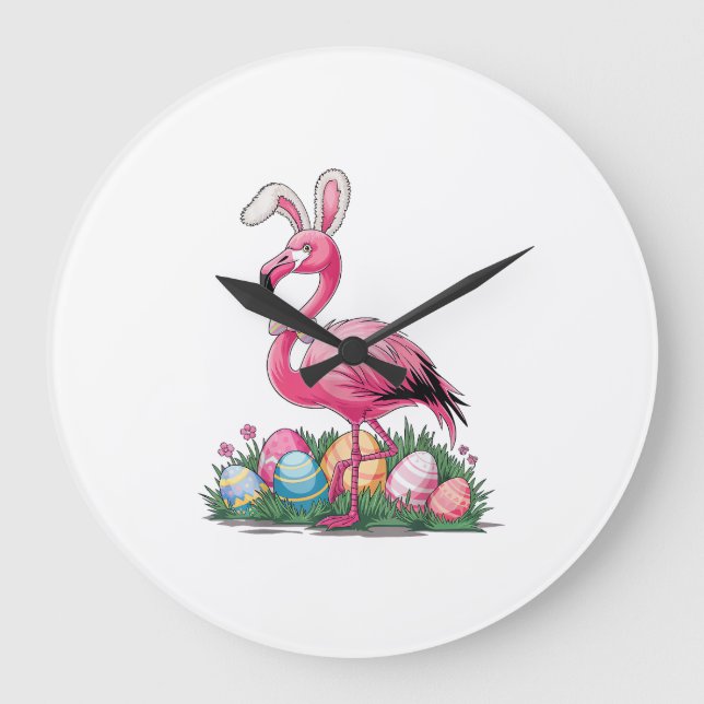 Oster-Flamingo-T-Shirt Große Wanduhr (Vorderseite)