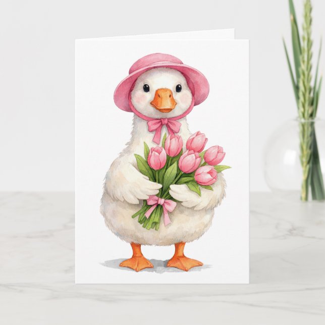 Oster-Frühlingsgans mit rosa Tulpen Karte (Vorderseite)