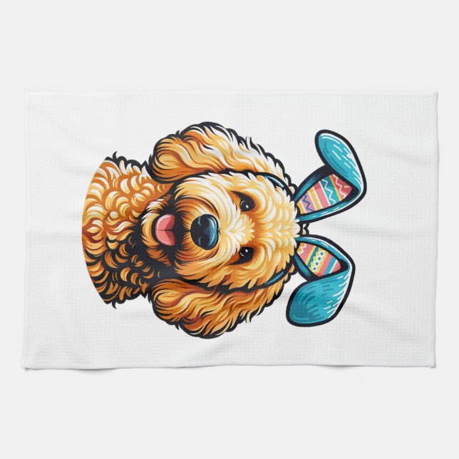 Oster-Goldendoodle-Hund mit Hasenohren, Ostern Geschirrtuch (Horizontal)