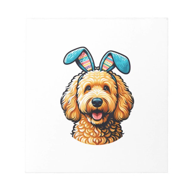 Oster-Goldendoodle-Hund mit Hasenohren, Ostern Notizblock (Vorderseite)