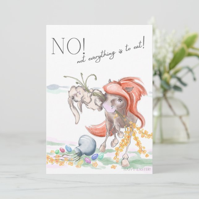 Oster Karte mit Pferd und Hase, lustige Tiere  (Stehend Vorderseite)