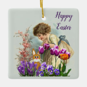 Oster-Mädchen Hase Kaninchen und Tulpen im Vintage Keramikornament