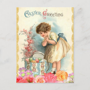 Oster-Mädchen und Eier im Vintage-Blumenstil Feiertagspostkarte