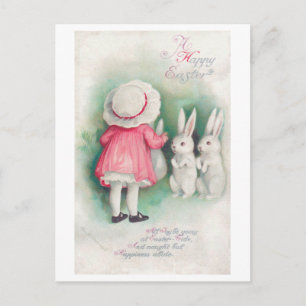 Oster-Mädchen und Häschen im Retro-Stil Postkarte