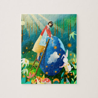 Oster Mädchen und Hase malen riesiges blaues Ei Puzzle