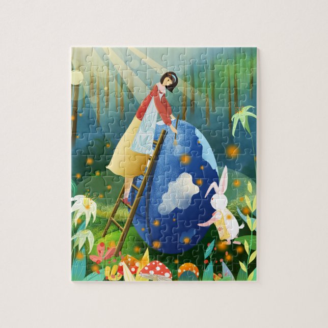 Oster Mädchen und Hase malen riesiges blaues Ei Puzzle (Vertikal)